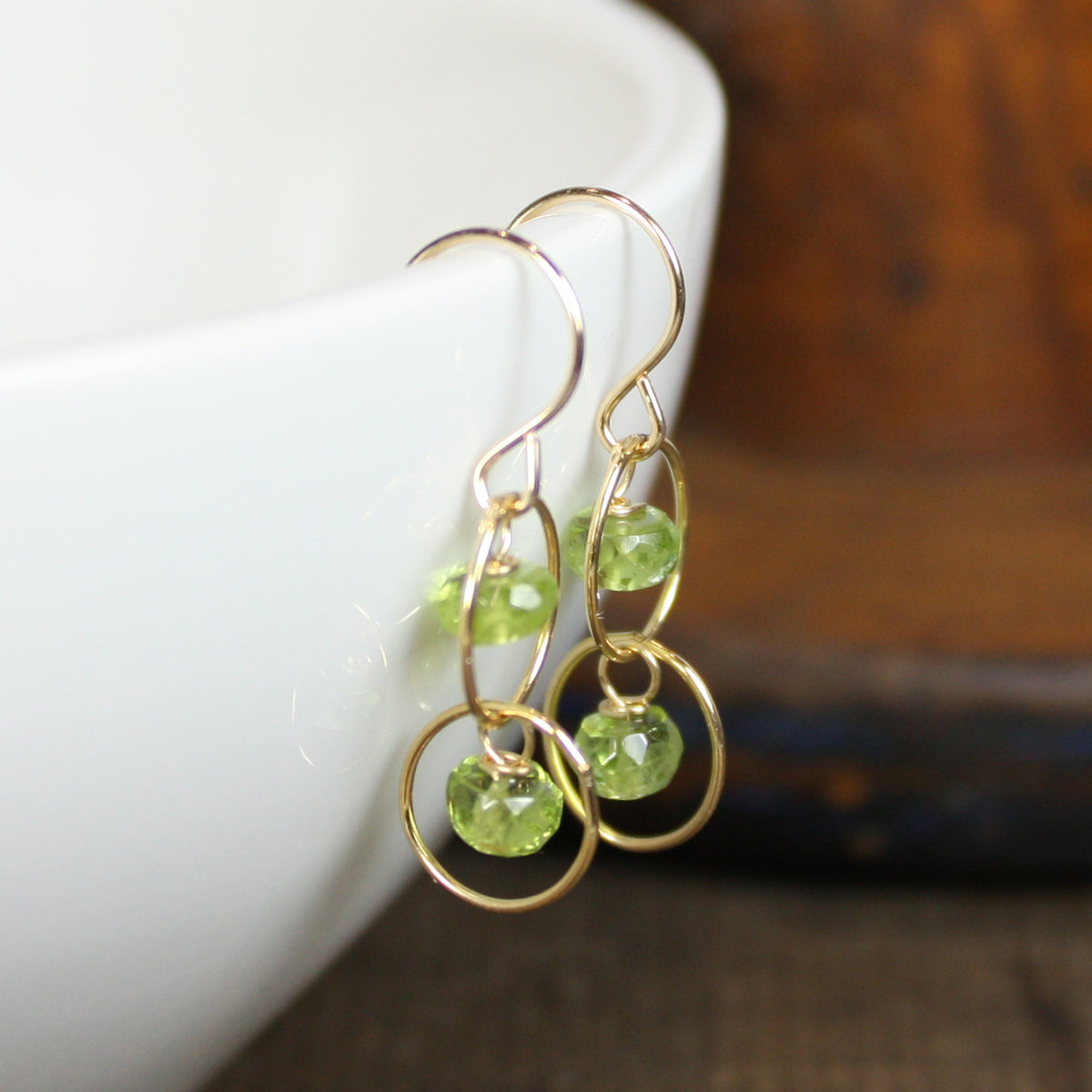 Handmade Peridot and Gold Circle Earrings